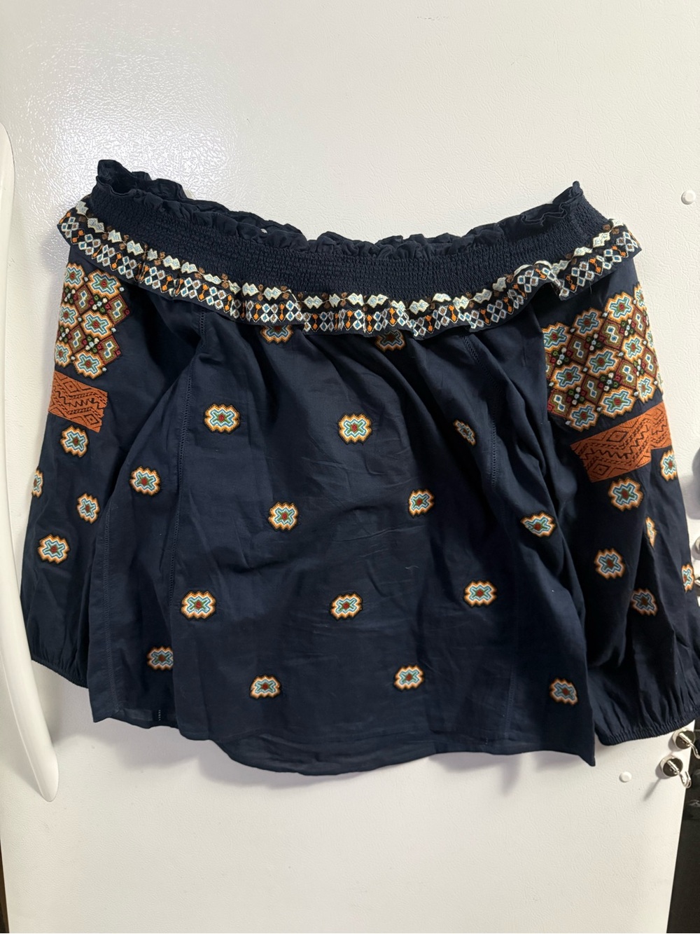 Embroidered Off-Shoulder Navy Peasant Blouse - Picture 2 of 4